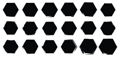 Black vector hexagon icons with distressed and rough border effects for use in print media, design systems, interface buttons, or abstract patterns.


