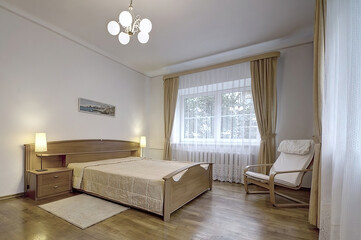 Modern luxury bedroom interior in minimal scandinavian style, 3d render