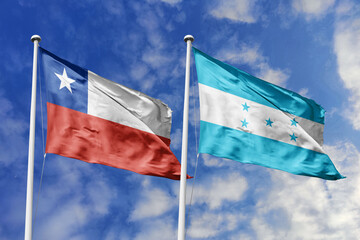 Flags of Chile and Honduras Waving Together Against a Dynamic Blue Sky, Representing International...