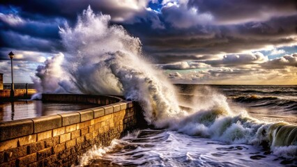 Fototapeta premium Powerful ocean wave crashing against stone pier at sunset 