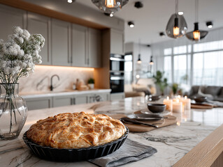 freshly baked pie with a golden-brown crust, placed on a wooden table in a modern kitchen setting. The background features a clean, spacious kitchen with white cabinets, a tiled backsplash