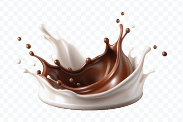 abstract 3d smooth liquid chocolate with white milk splash in crown style isolated on transparent background	
