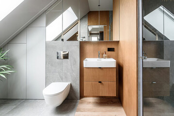 Modern bathroom interior in minimal scandinavian style, 3d render