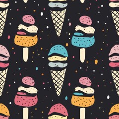 Ice cream cones and popsicles pattern on a black background