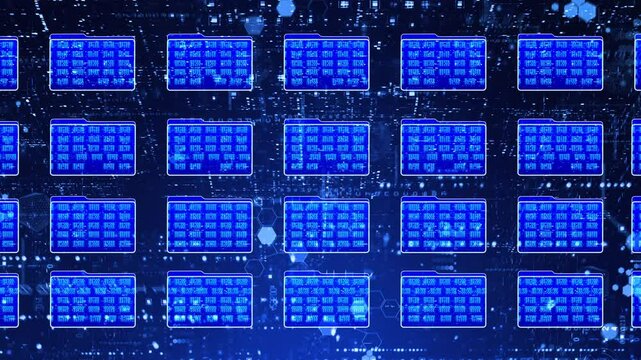Rows of digital folders of data on blue cyberspace background. Cloud storage data sorting animation
