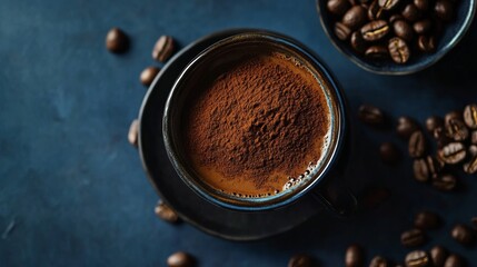 Ground coffee and beans on table with blue background for morning drink product and caffeine photography theme
