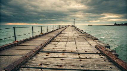 Fototapeta premium Long wooden pier extending into calm sea under cloudy sky 