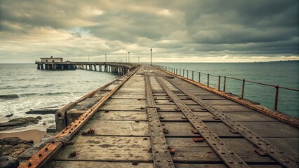 Abandoned pier with rusted tracks under cloudy sky by the ocean