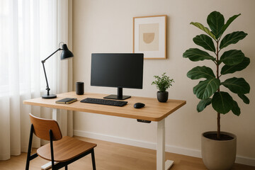A computer desk with a plant and a computer.