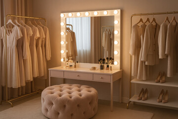 Mirror reflection: a person sitting at a dressing table applying makeup in a dressing room.