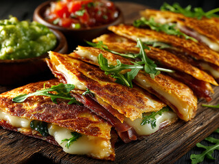 wooden platter with freshly made quesadillas topped with arugula. Accompanying the quesadillas are bowls of salsa and guacamole.