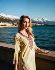 Attractive and sexy woman with big boobs posing in stylish clothes with cleavage, looking pretty and cute