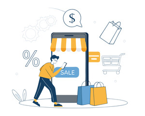  flat business online shopping and online payment concept. smartphone application technology. vector illustration cartoon character design. 