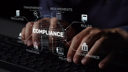 Obraz na płótnie Canvas Compliance ensures alignment with standards, laws, and policies. A strong compliance system helps enforce regulation, protect organizations, and improve global compliance transparency. Muxer