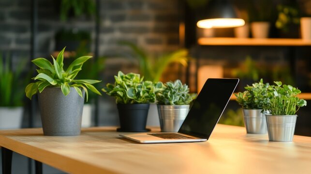 Modern workspace desk with green potted plants and laptop for home office lifestyle nature and productivity photography