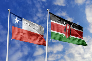 Flags of Chile and Kenya Waving Together Against a Dynamic Blue Sky, Symbolizing International...