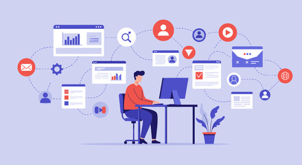 Flat Vector Of A digital illustration depicting a person sitting at a desk in front of a computer