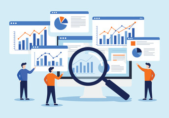 Data Analysis and Business Insights Concept with Charts, Graphs, and Magnifying Glass - SEO-Friendly Illustration