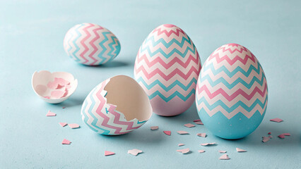 Pastel Easter eggs in decorative setting with cracked shells on light background for festive seasonal celebration
