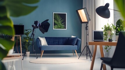 Obraz premium Stylish photo studio with couch and lighting equipment for modern content creation influencer and home decor photography concept