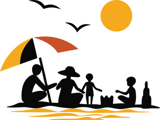 Family enjoying a sunny day at the beach building sandcastles and relaxing under a beach umbrella with birds flying in the sky