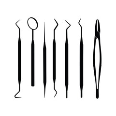 Dental Instruments Set Black Silhouette Icons of Dentist Tools  including Mirror Probes and Tweezers