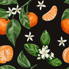 Seamless pattern with tangerines. White citrus flowers. Orange fruits. Branches with leaves and tangerine fruits. Watercolor illustration without background. Hand drawing.