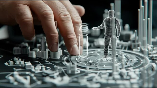 A seamless looping movie depicts a human hand interacting with a 3D holographic model.  A miniature infrastructure built on a circular base with lines and interactive control.