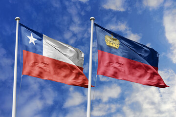 Flags of Chile and Liechtenstein Waving Together Under a Bright Blue Sky, Symbolizing International Diplomacy and Cooperation