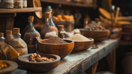 Market stall with traditional spices and wooden bowls for cultural cooking food photography and heritage travel lifestyle backdrop