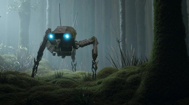 Ground-level view of a misty forest at dawn. A slender, deer-insect-like robot steps silently on moss, blending into the ethereal light and dense foliage.
