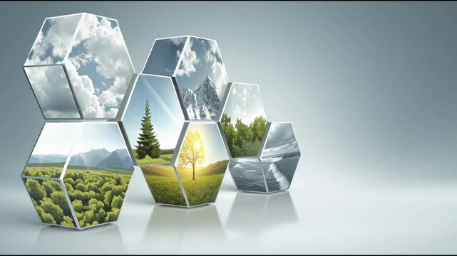 A seamless looping video shows a cluster of interlocking hexagonal prisms, each displaying a different serene natural scene.
