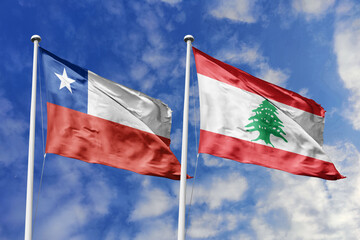 Flags of Chile and Lebanon Waving Together Under a Bright Blue Sky, Symbolizing International...