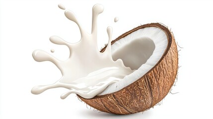 A fresh coconut half splashing coconut milk, showcasing a vibrant and tropical essence for culinary inspired projects.