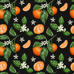 Seamless pattern with tangerines. White citrus flowers. Orange fruits. Branches with leaves and tangerine fruits. Watercolor illustration without background. Hand drawing.