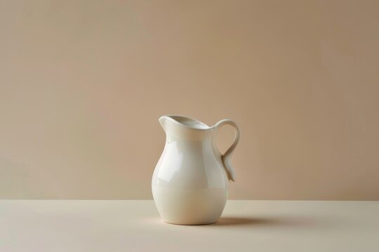 A white pitcher with a handle is elegantly placed on a table