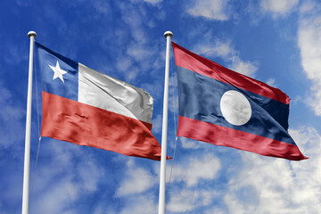 Flags of Chile and Laos Waving Together Under a Bright Blue Sky, Symbolizing International...