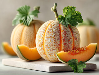few pieces of cantaloupe melon with a slice in the foreground, revealing the orange flesh and seeds inside. The melons have a distinctive netted skin.
