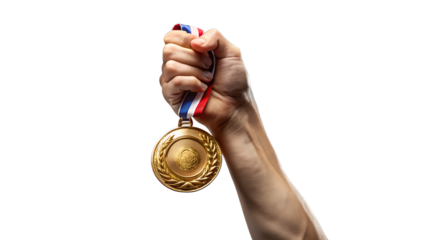 hand holding a gold medal, hand rising a gold award medal 