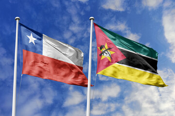 Flags of Chile and Mozambique Waving Together Under a Bright Blue Sky, Symbolizing International Cooperation and Diplomacy
