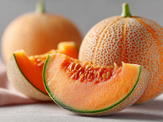 few pieces of cantaloupe melon with a slice in the foreground, revealing the orange flesh and seeds inside. The melons have a distinctive netted skin.