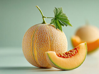 few pieces of cantaloupe melon with a slice in the foreground, revealing the orange flesh and seeds inside. The melons have a distinctive netted skin.