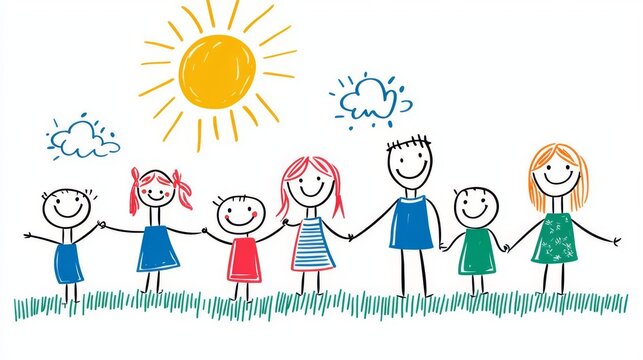 A cheerful group of stick figure children and a woman enjoying a sunny day, representing friendship and joy.