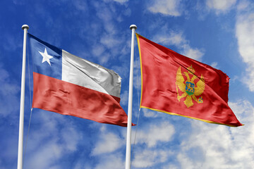 Flags of Chile and Montenegro Waving Together Under a Bright Blue Sky, Symbolizing International...