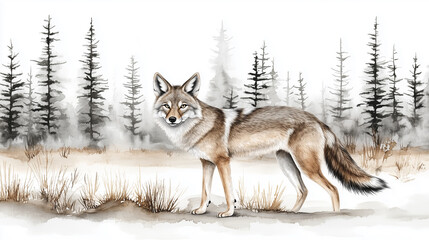 Fototapeta premium Watercolor illustration of a coyote in a woodland setting
