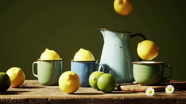 Rustic Wooden Table with Lemons Limes Daisies and Blue Enamelware Pitcher with Lemon Slice Topped Mug in a Hyperrealistic Still Life with Warm Light