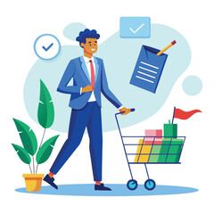 Successful Businessman with Shopping Cart and Checklist Vector Illustration