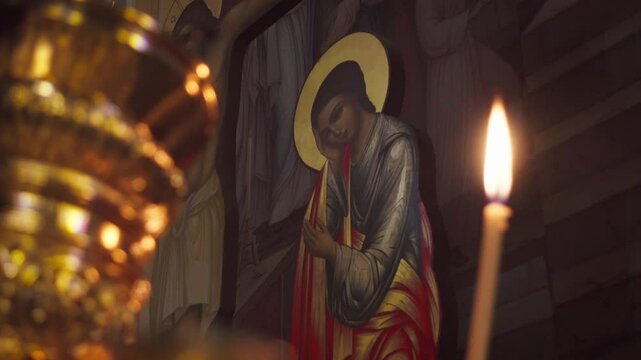 Cutaway, Artwork of the Holy Mary inside the church, candle and holy grail as foreground, Christian, Orthodox, Ascension Cathedral, Almaty, Kazakhstan