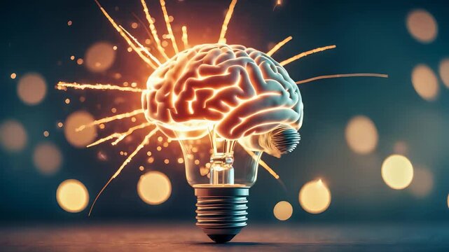 Exploding Brain Light Bulb with Vibrant Sparks and Glowing Filament Burst Effect on Dark Bokeh Background in Bright Creative Illustration

