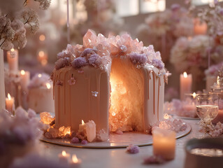 beautifully decorated cake with a pink and white glaze, adorned with crystals and flowers. The cake is surrounded by candles and flowers, creating a warm and ethereal atmosphere.